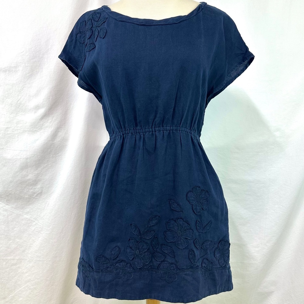 JUICY COUTURE Navy Embroidered‎ Floral 100% Linen Mini Dress Women's XS Pockets